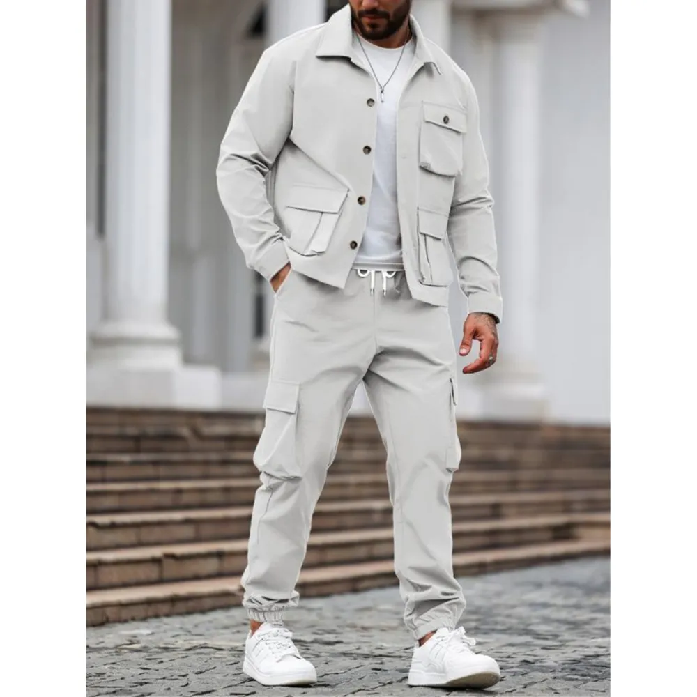 Men's Solid Color Pocket Button Front Jackets & Pants Two-Piece Set