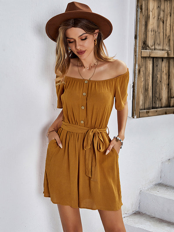 Casual Buckle Loose Solid Color One-Shoulder Jumpsuit