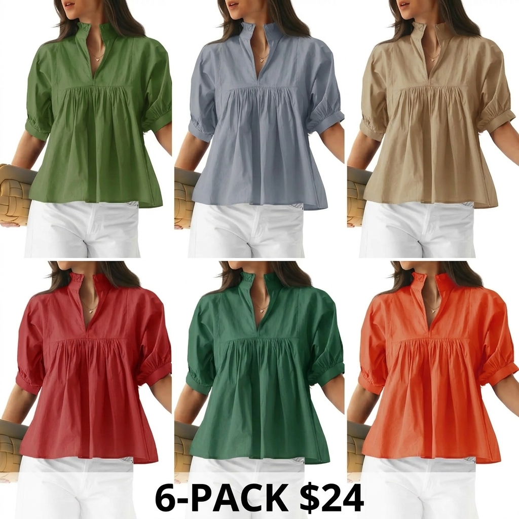 Women's V Neck Puff Sleeve Blouse – Babydoll Peplum Loose Fit Top