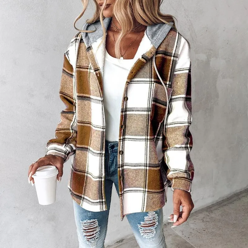 Women's Plaid Pattern Long Sleeve Shacket Button Down Fleece Lined Hooded Jackets Warm Coat