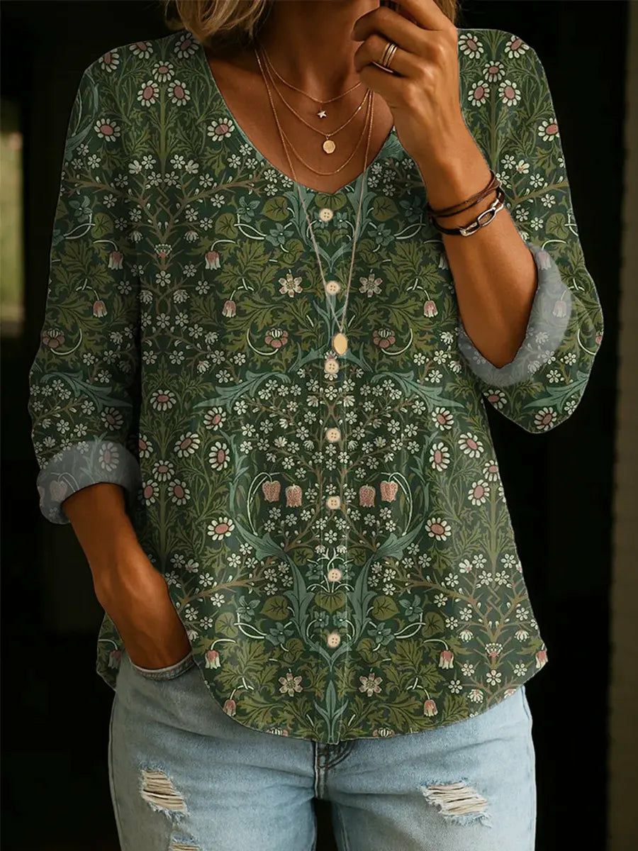 Women's Elegant Floral Decorative Pattern Linen And Cotton Shirt