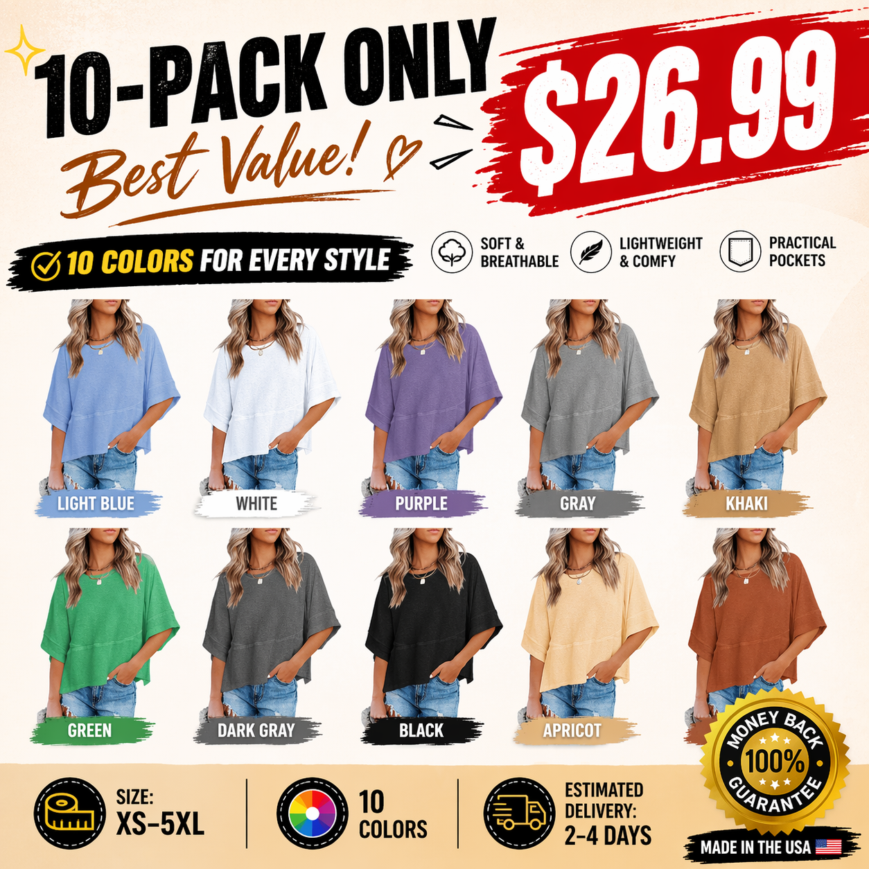 (Special Offer) Women's Summer Casual Round-Neck Batwing Sleeve T-Shirt — Solid Color, Loose Fit