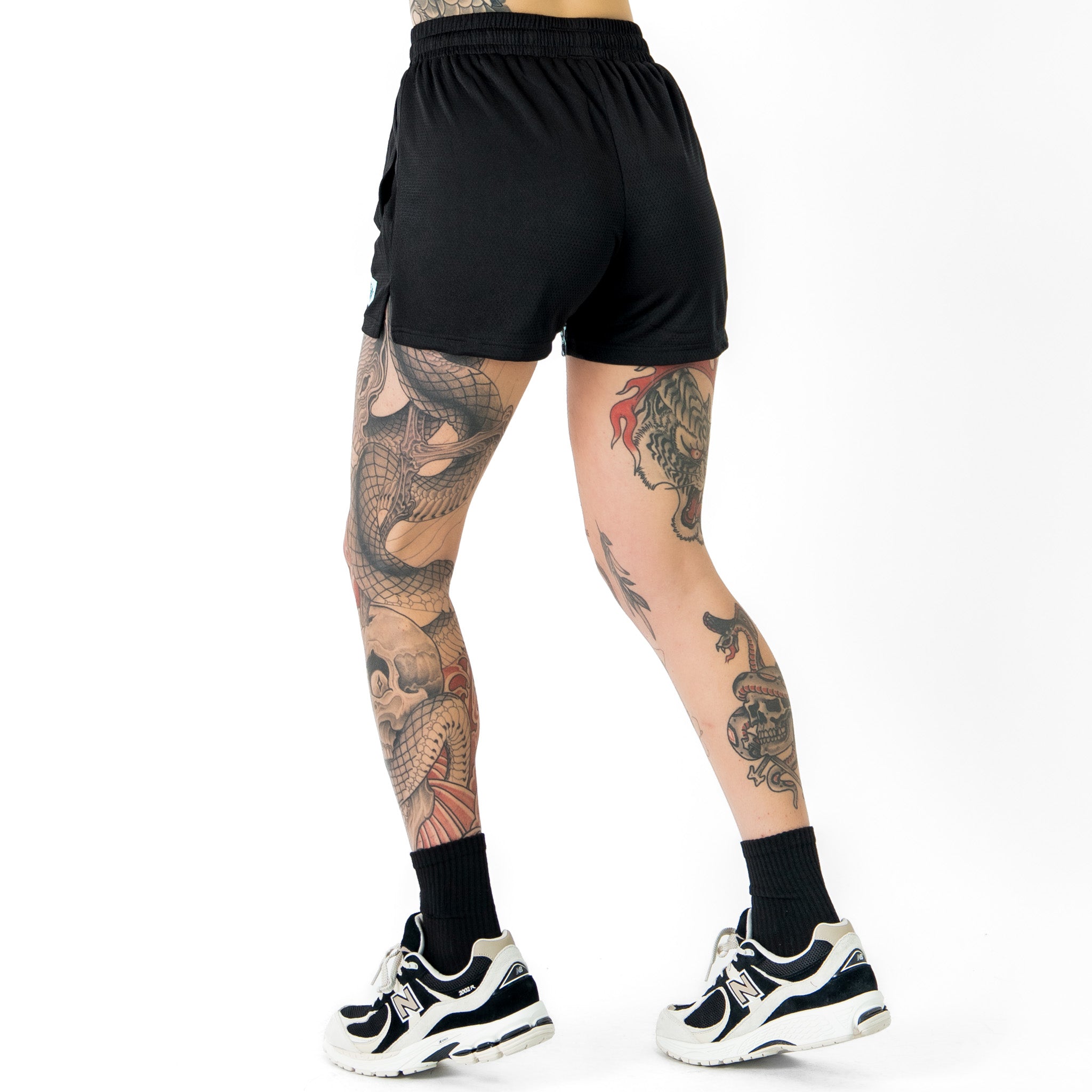 MUAY THAI FLAME SHORTS (MID THIGH CUT) - BLACK / TEAL
