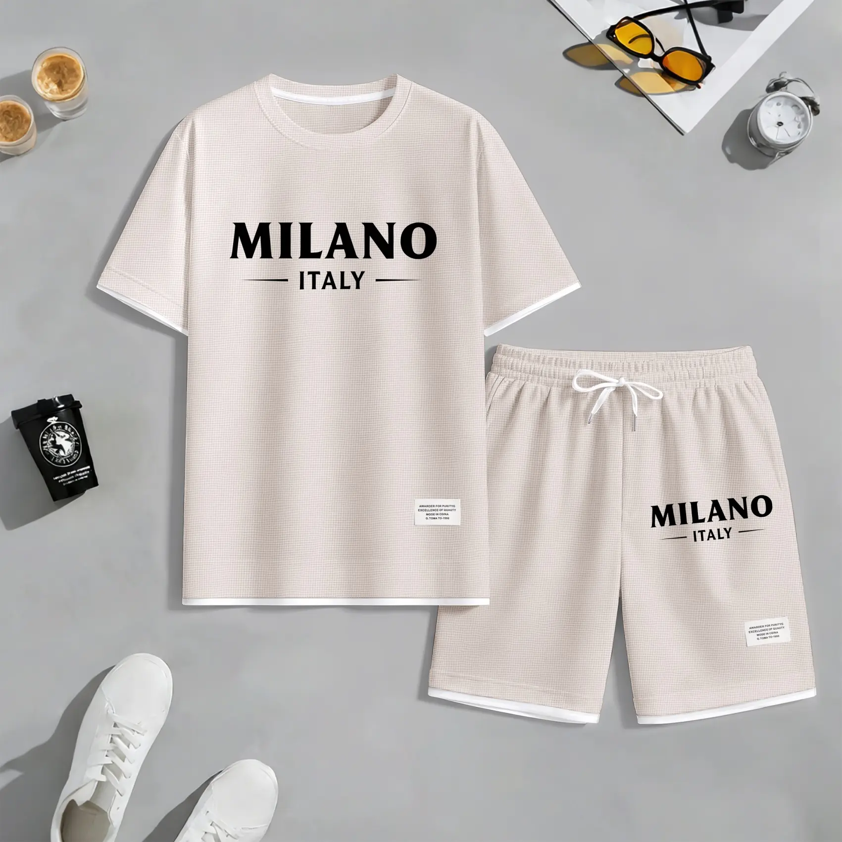 Men's Polo Print Drawstring Shorts Set For Spring/Summer