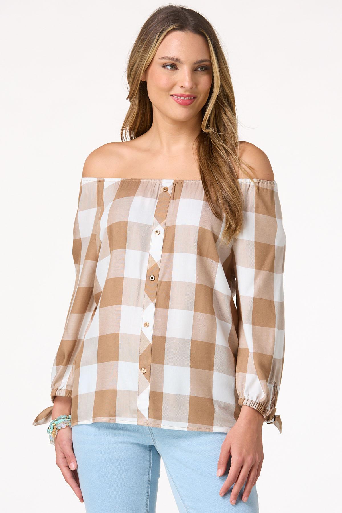 Off Shoulder Buffalo Plaid Poet Top