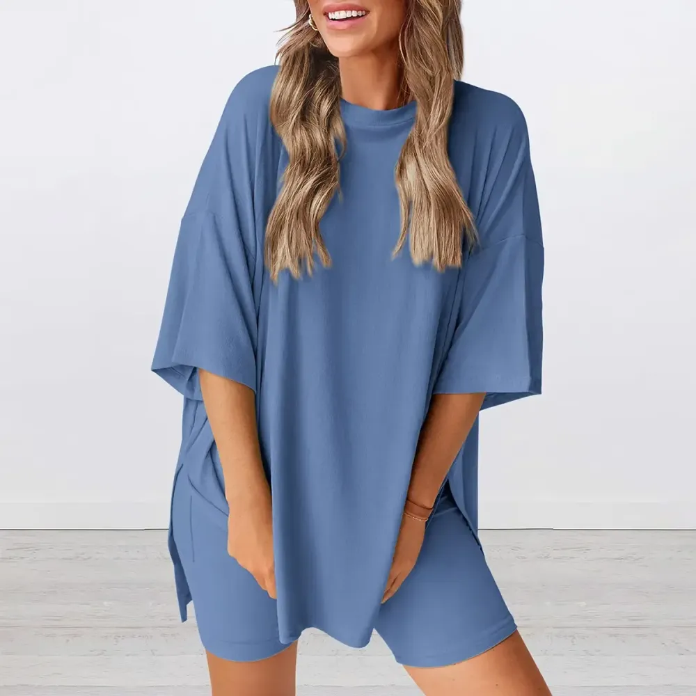 Crewneck Two-Piece Set For Women Summer Casual Oversized Split Hem Shirts