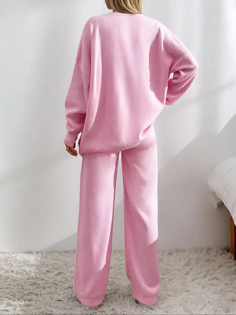 Women's Solid Button Front Drop Shoulder V Neck Cardigan & Elastic Waist Wide Leg Pants Two-piece Set, Matching Clothing Set