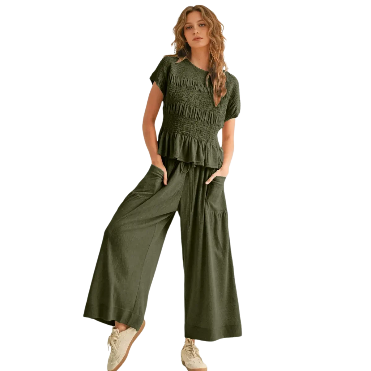 Women's 2-Piece Smocked Top & Wide-Leg Pants Set High-Waisted Lounge Outfit with Pockets Casual Boho Matching Set Minimalist Basic Kleinblue Crewneck Clothes Suits Fitted Trouser