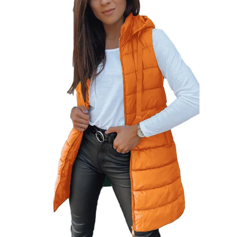 Women Long Vest Solid Color Sleeveless Hood Winter Puffer Vest Outwear