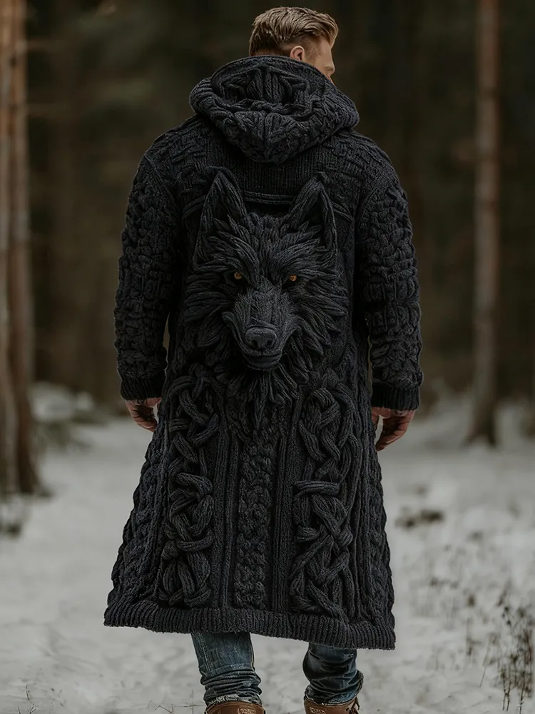 Men's Viking Wolf Celtic Knot Art Pocket Mid-length Cardigan Sweater