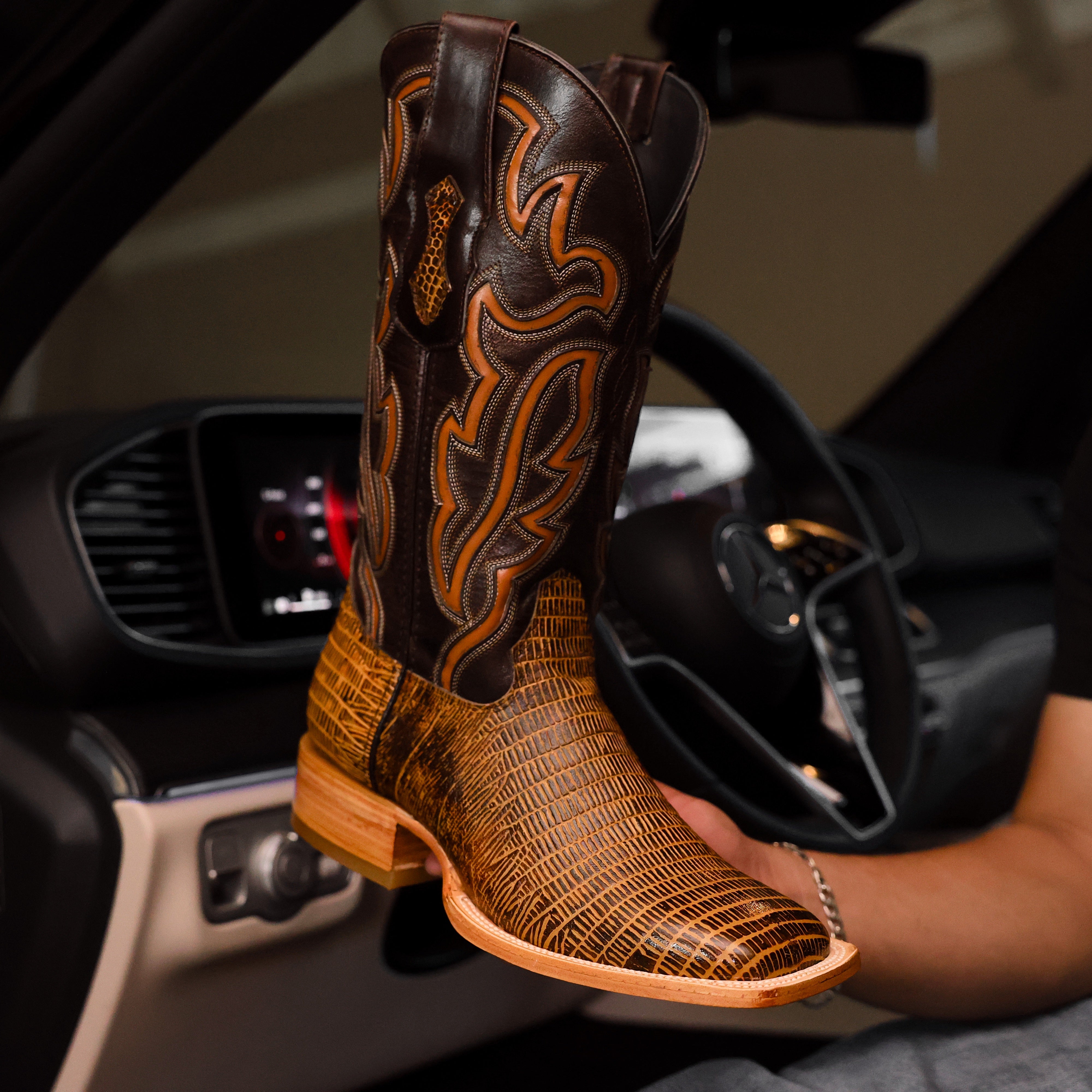 Honey Lizard Leather Boots - Square Toe