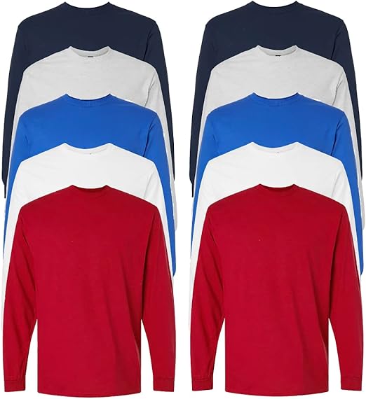 10 Pack: Men's 100% Cotton Crew Neck Long Sleeve Tee Casual Basic T-Shirt Sizes S-6XL Soft-Touch Fabric Ribbed Cuffs Tailored Fit PLUS SIZES