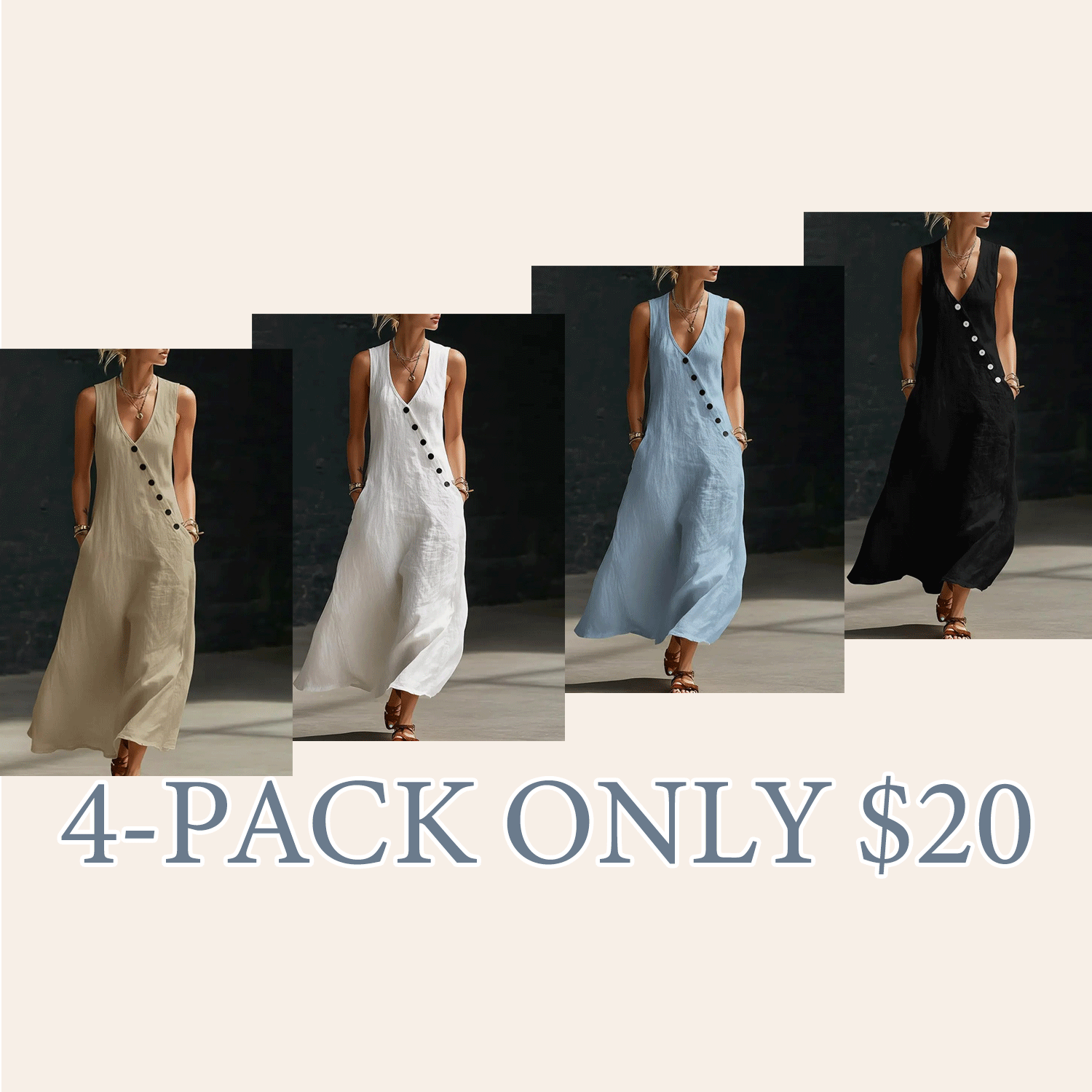 Women’s Sleeveless Linen Maxi Dress – V-Neck Button Detail with Pockets