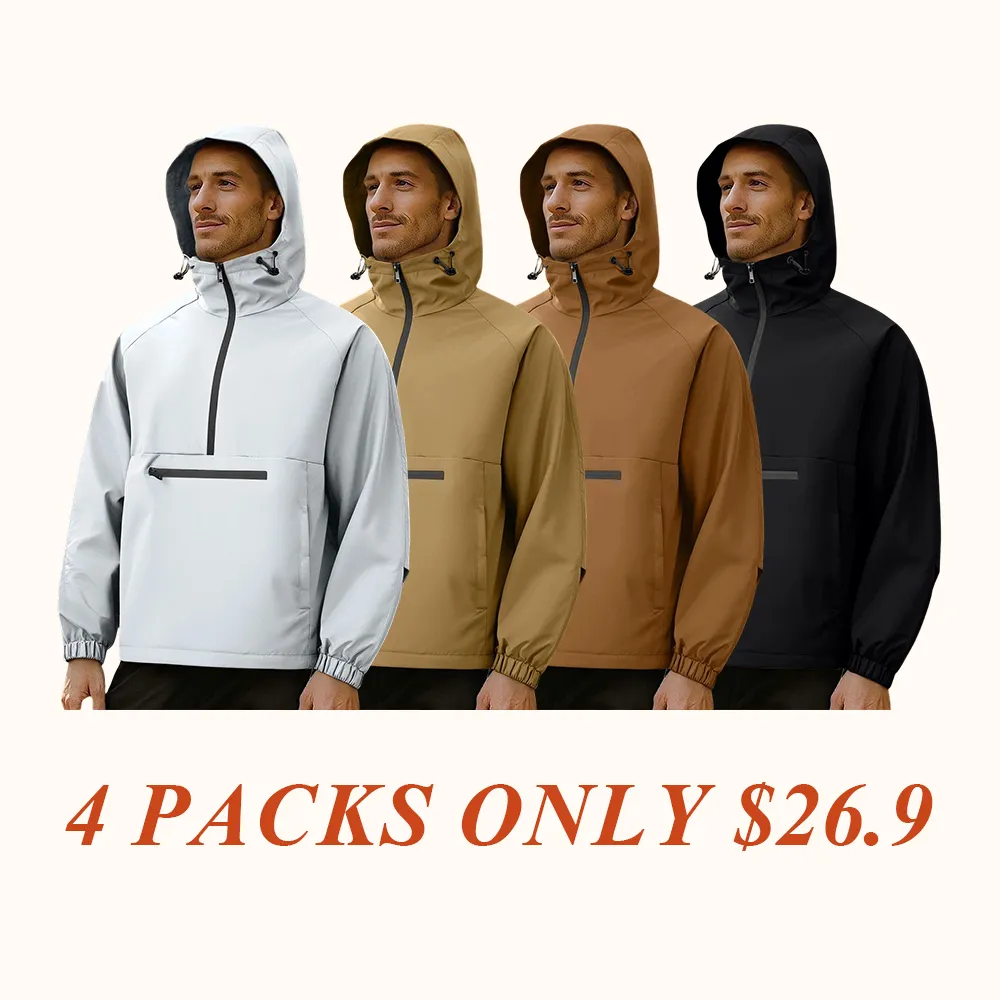 One black half-zip pullover with hoodie, outdoor camping style, large pockets, made of stain-resistant fabric