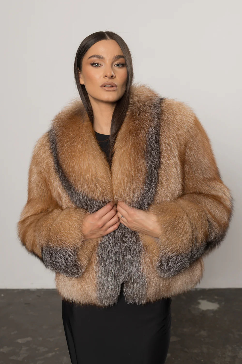 Haină din Blană Naturală de Vulpe, cu Guler Rever, Femei, Canadian Brown 403