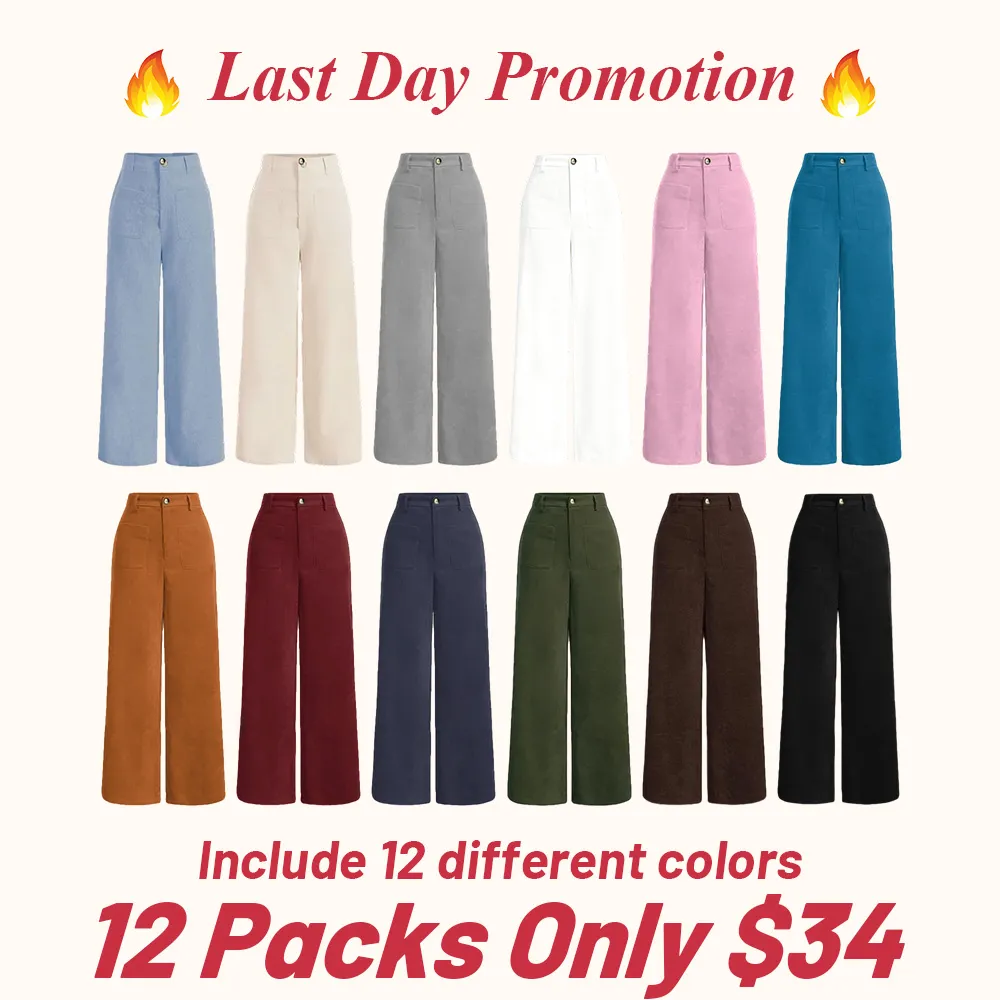 Women's solid color wide-leg pants with pockets and buttons