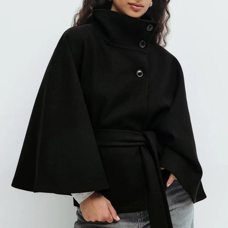 Women's cape-style coat with stand-up collar and belt