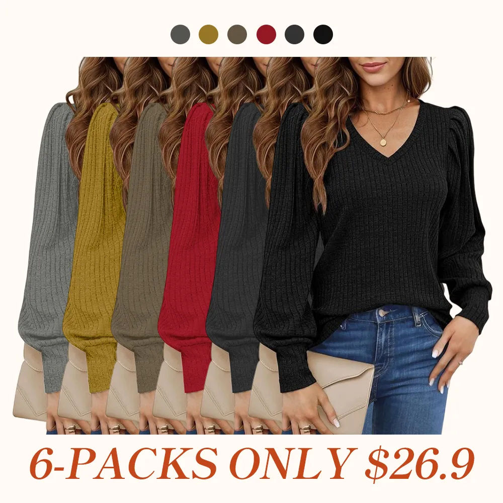 Women's Knit Shirt Soft Puff Long Sleeve Blouse Tops