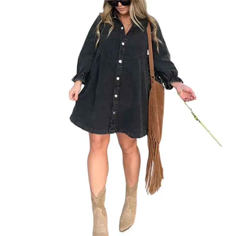 Washed Denim Puff Sleeve Mini Dress – Short-Length Collared Button Down with Ruffle Hem & Matte Silver Buttons