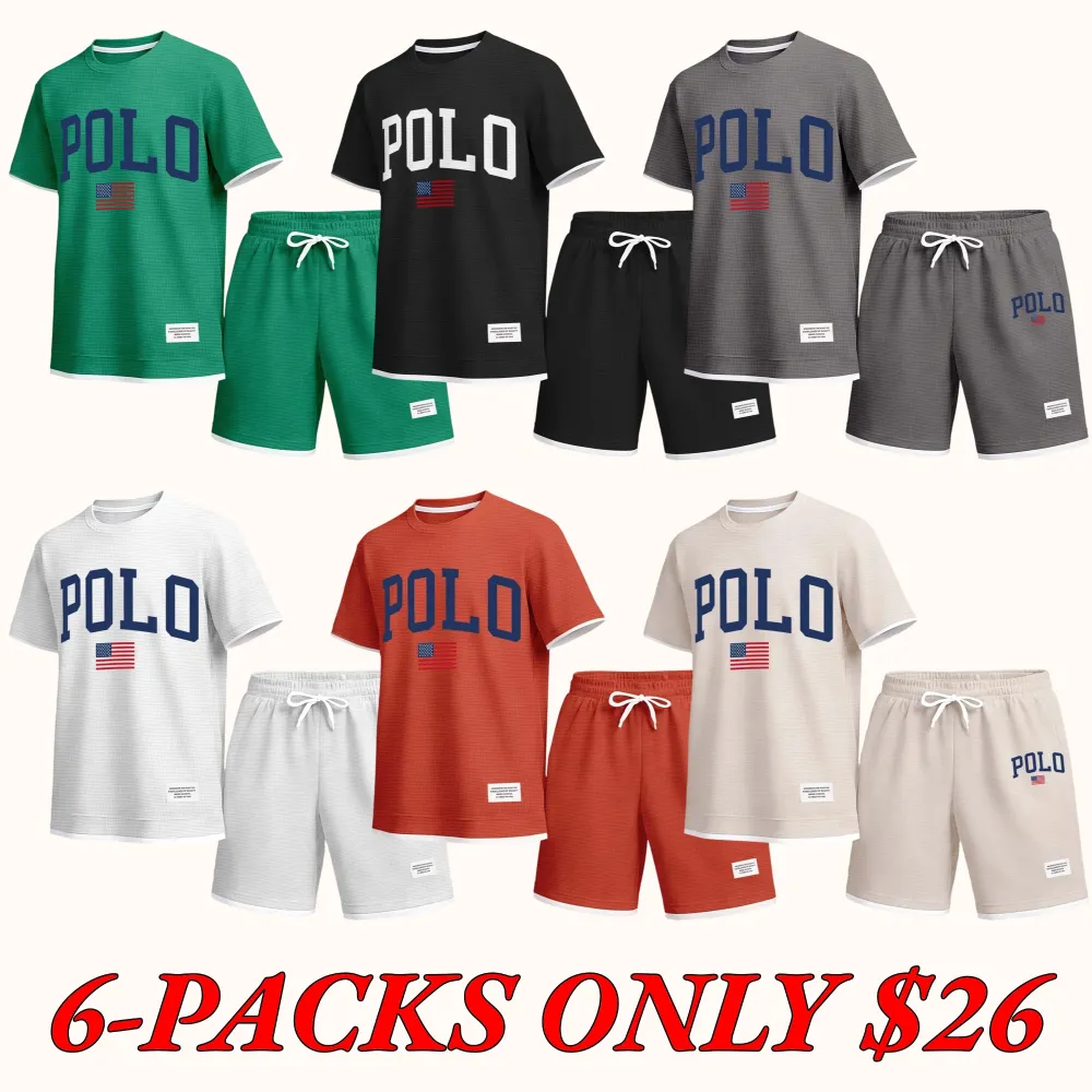 Men's Spring/Summer Printed Polo Shirt and Drawstring Shorts Set