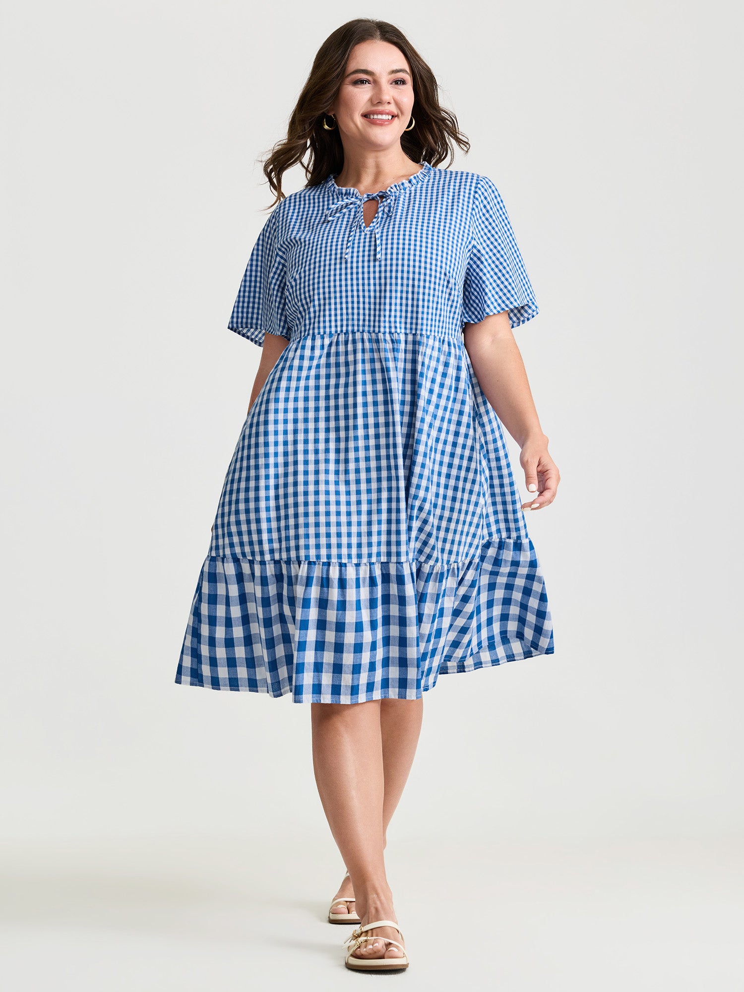 Checkered Stripe Flared Sleeve Pockets Mini Dress