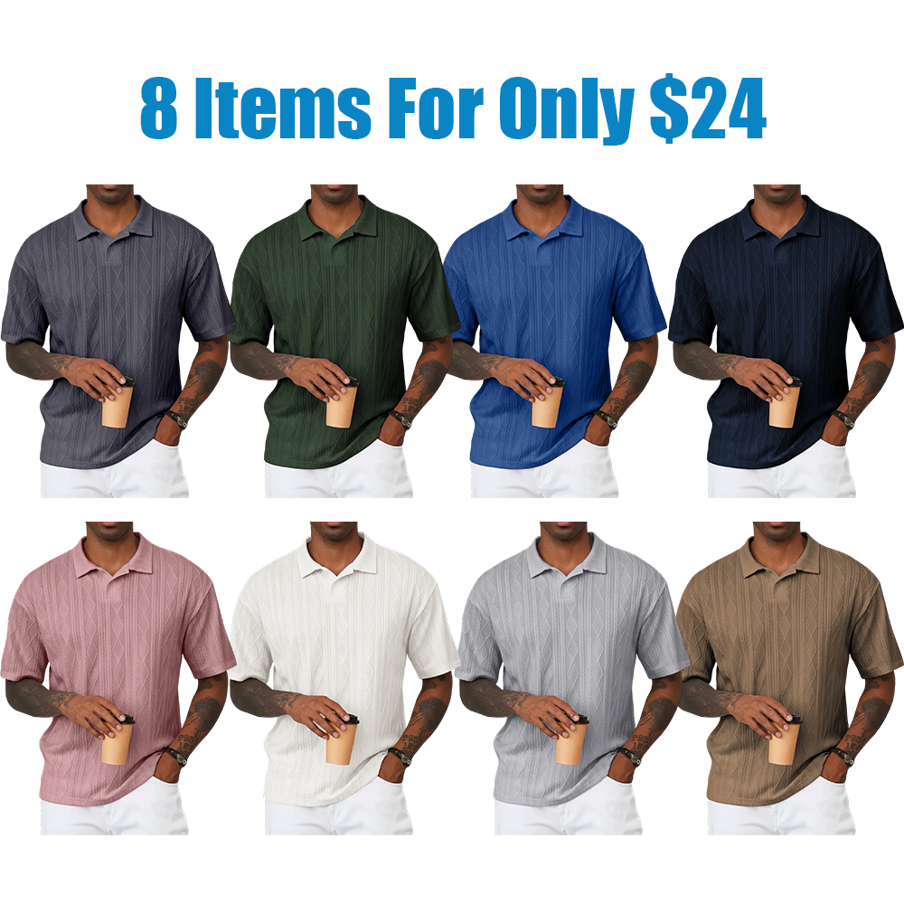Men Casual Polo Shirt Short Sleeve Textured Beach Button Knit Stretchy Classic Shirts