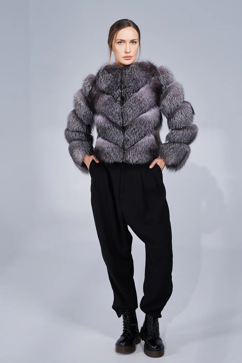 Haină din Blană Naturală de Vulpe Argintie, V Model, Transformabilă, Femei, Grey Frost 242