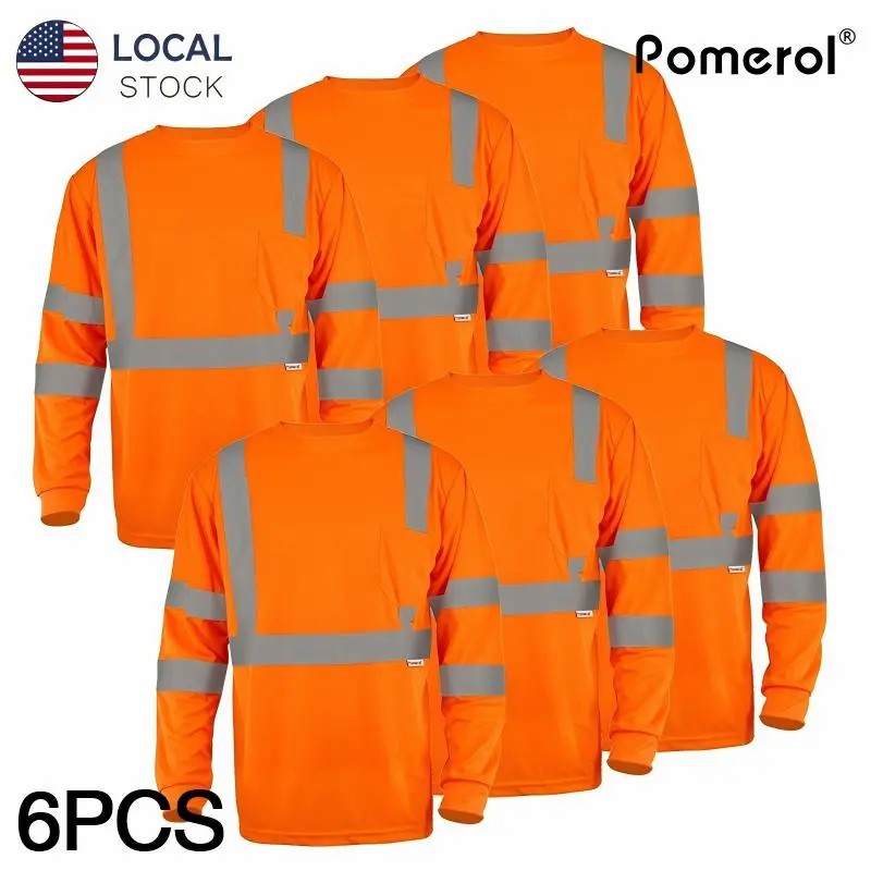 3/6-Pack High Vis Safety Long Sleeve | Reflective & Breathable Work T-Shirts with Pocket for Construction, Warehouses, Outdoor Work, Night Fishing