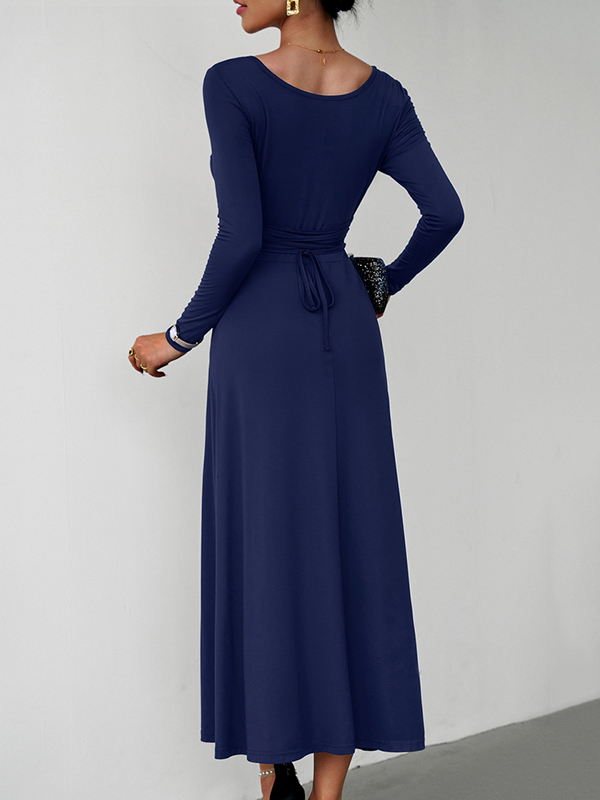 Solid Color Tied Waist A-Line High Waisted U-Neck Midi Dresses