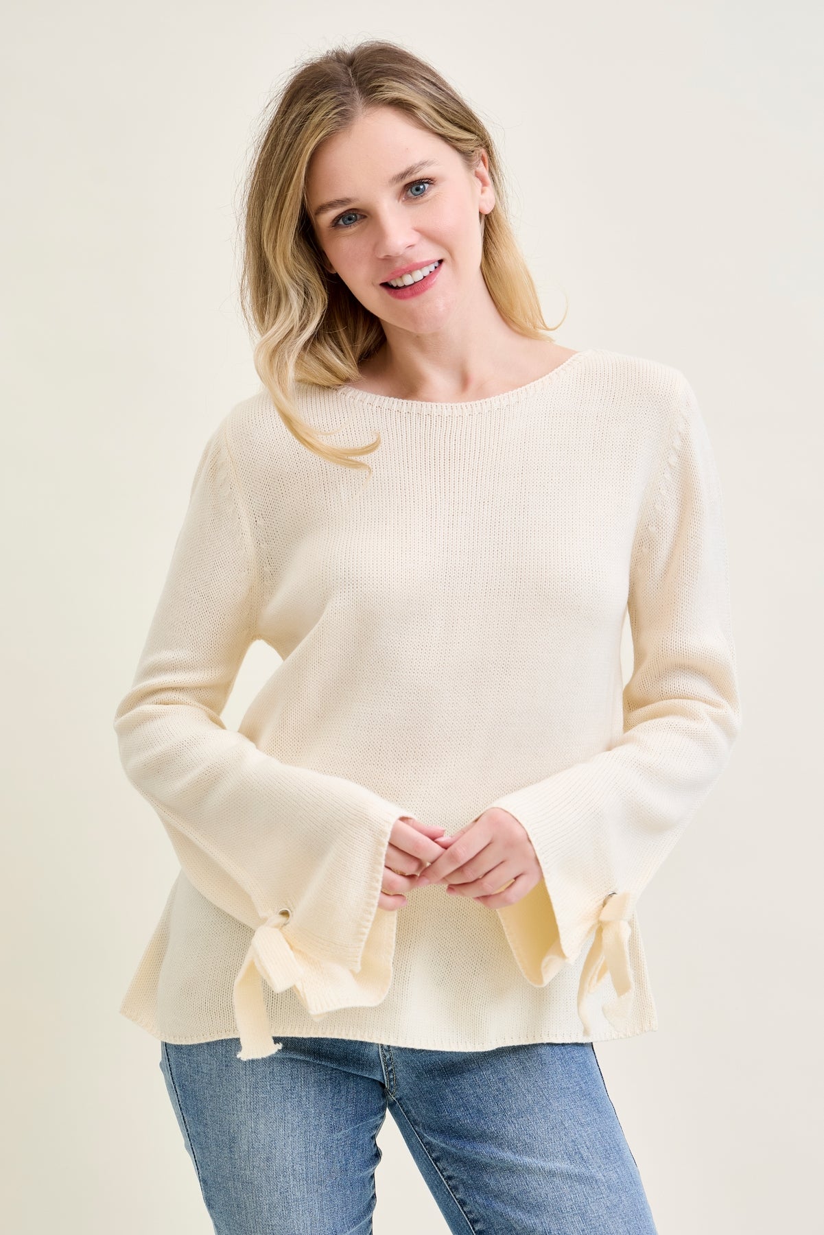 Tie Sleeve Pullover White Sweater
