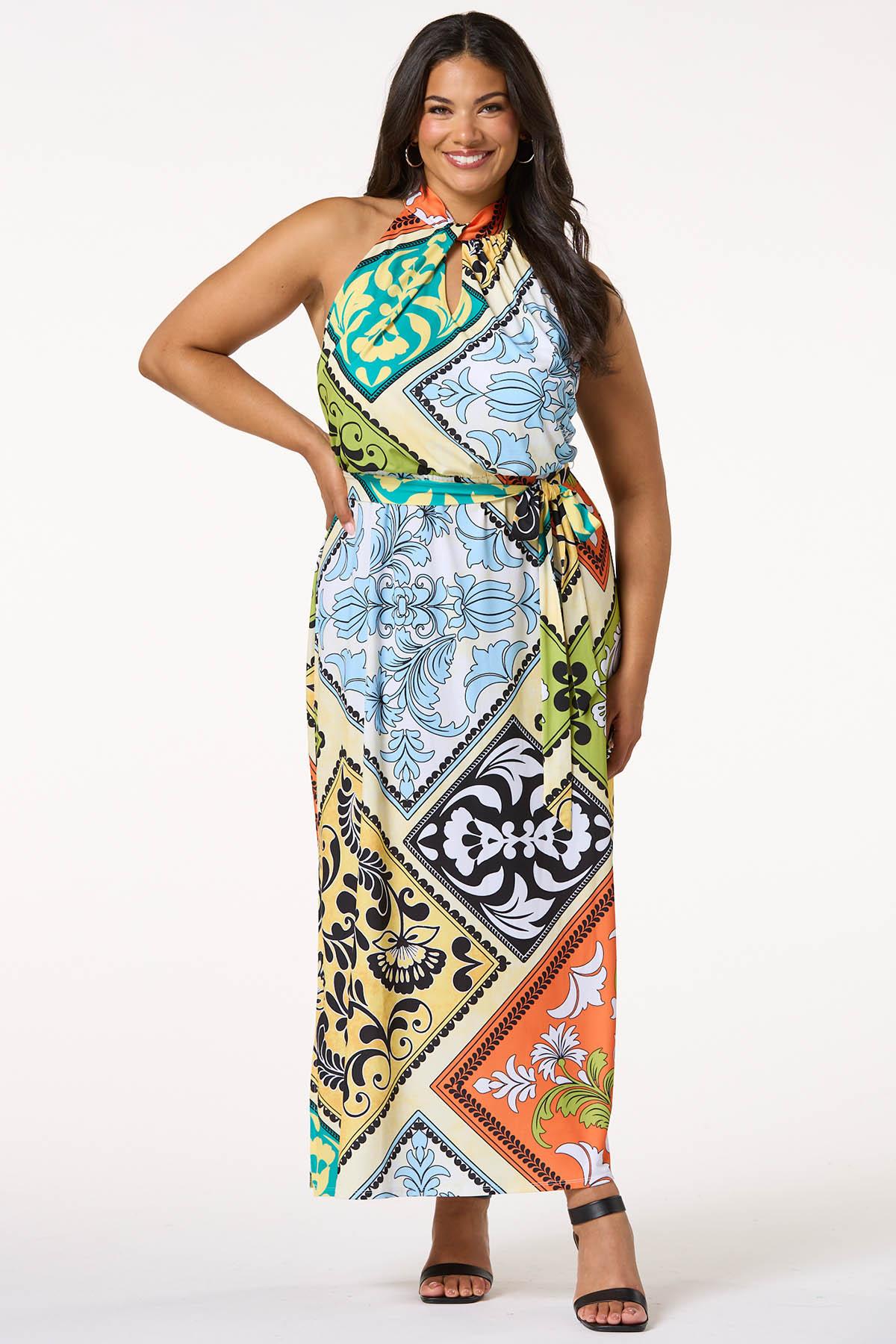 Plus Petite Twist Neck Patch Print Maxi Dress