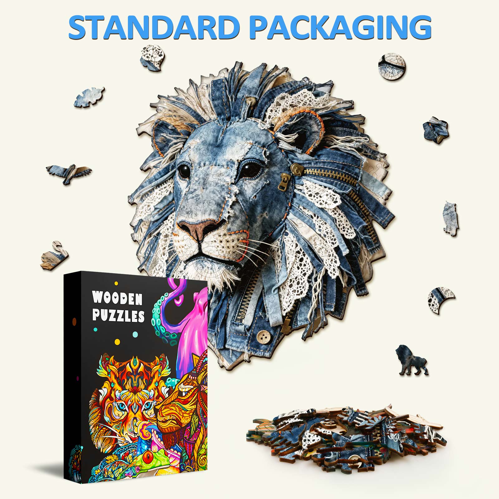 Denim Fabric Lion Wooden Jigsaw Puzzle