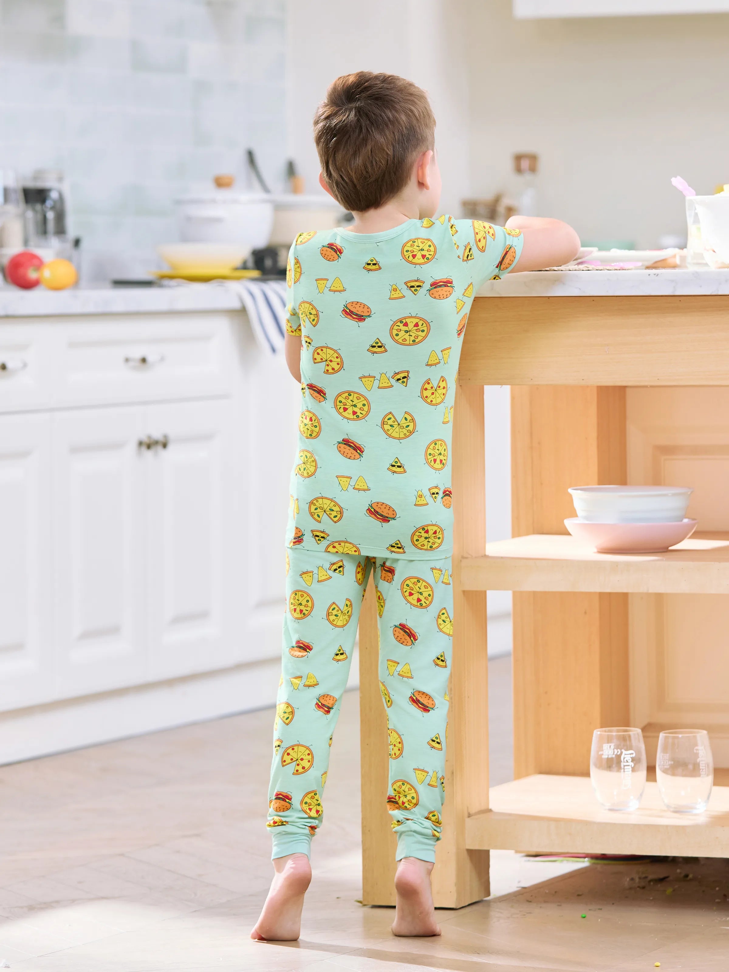 Bamboo Family Mint Green PJs Cute Cartoon Food Theme Print Short Sleeve & Long Pants Sleepwear Matching Pajama set (Snug-Fitting for Children) Light Blue