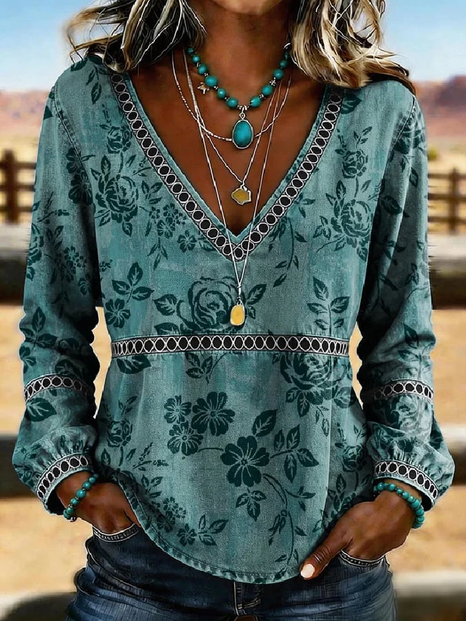 Women's Casual Western Floral Print Cotton Linen Hollow-Out Top