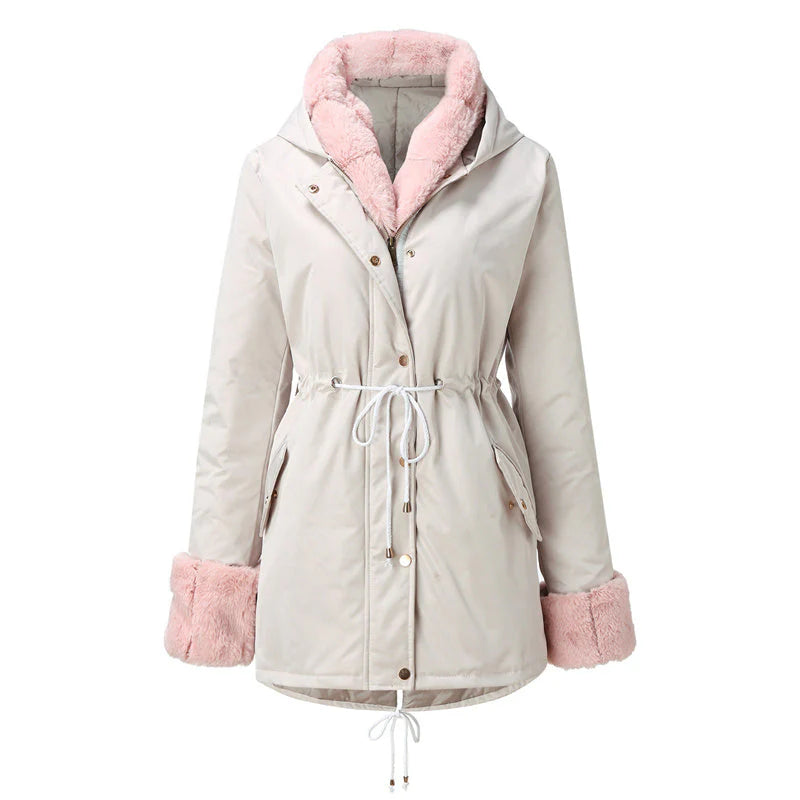 Women's parka with detachable puffed fur collar