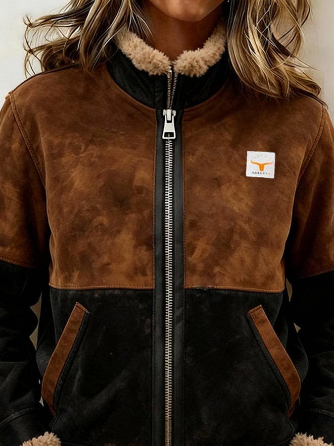 Women'S Casual Color-Blocked Fleece-Lined Warm Jacket