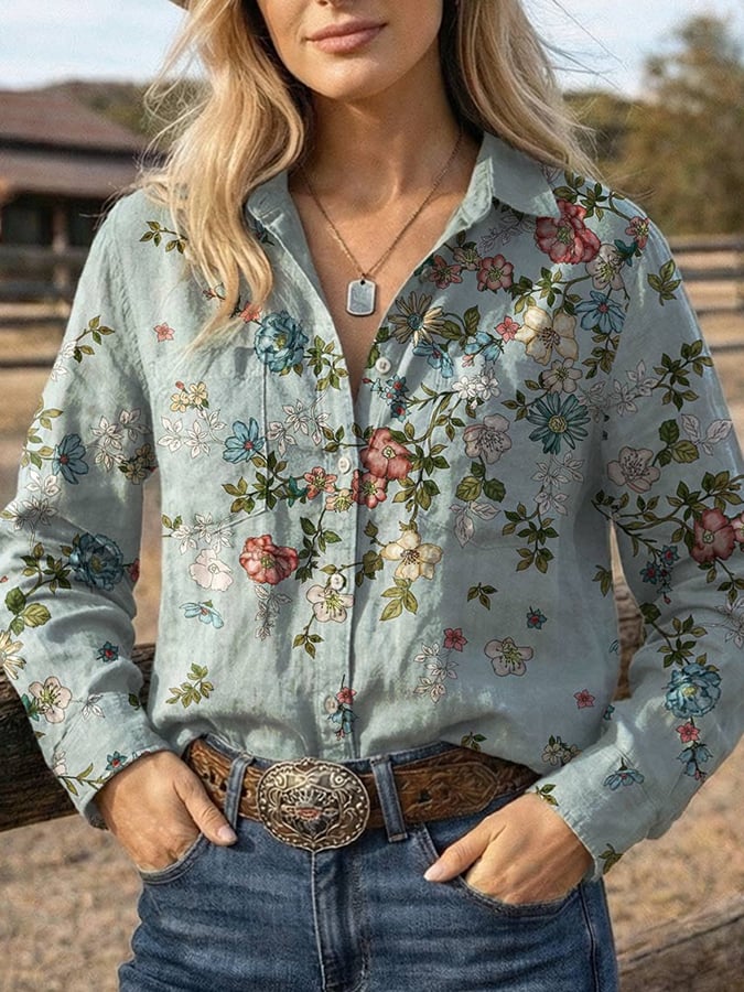 Women's Vintage Botanical Floral Art Print Lapel Shirt