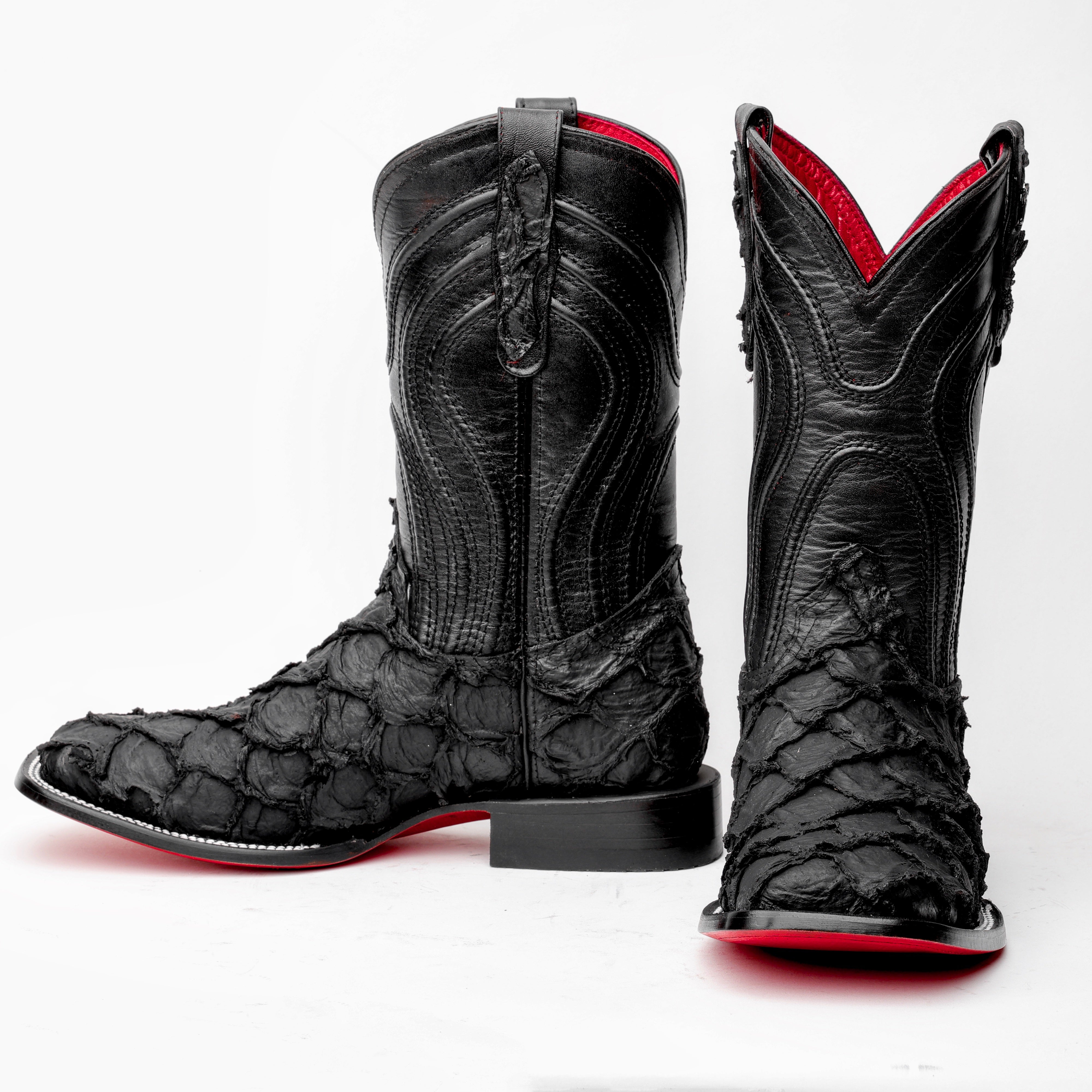 Matte Black Jumbo Pirarucu Leather Boots - Square Toe