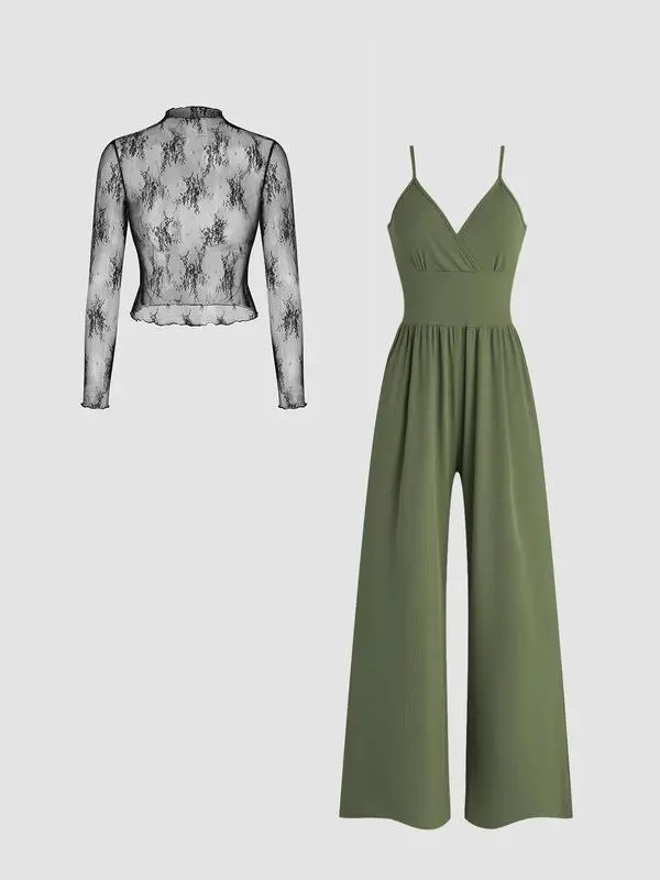 Women's Solid Color Lettuce Trim Mock Neck Sheer Lace Top & Pocket Wide Leg Cami Jumpsuit