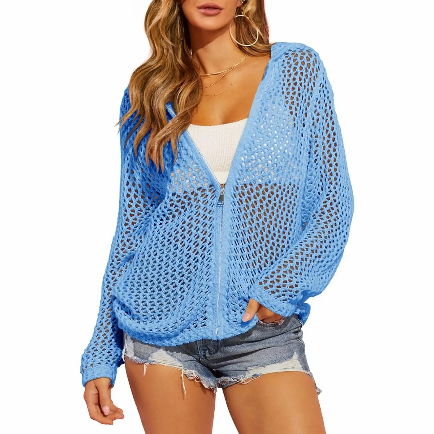 Women's Crochet Lightweight Cardigan – Zip Up Hooded Mesh Beach Cover Up