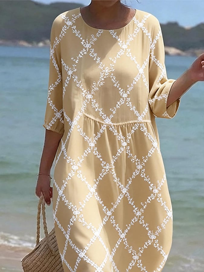 Women's Casual  Round Neck Mid Sleeve Print Cotton and Linen Dress- Fast Shipping