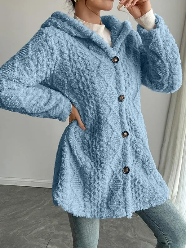 Women's Fall Winter Warm Fashion Jacquard Hooded Cardigan Long Sleeve Coat