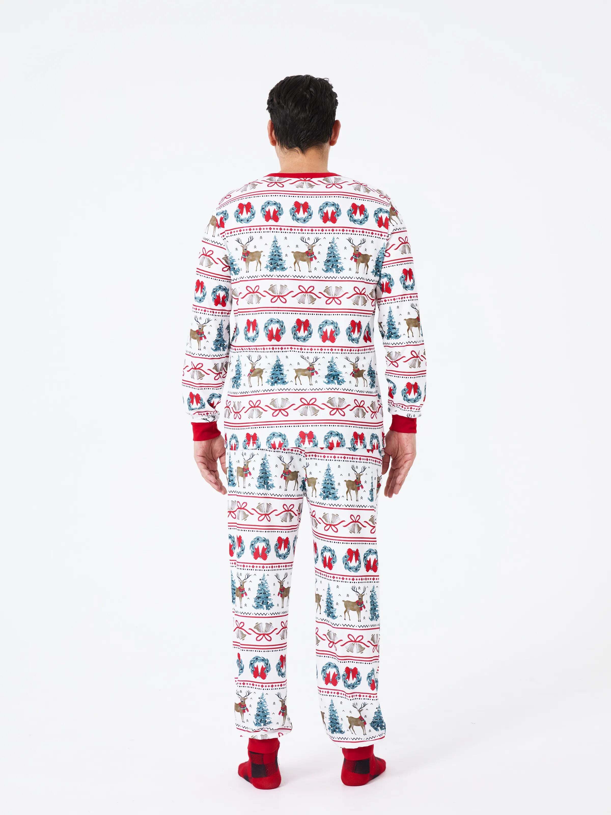 Christmas Matching Family Pajamas Set Christmas Elk and Bell Print Striped PJS with Christmas Socks White