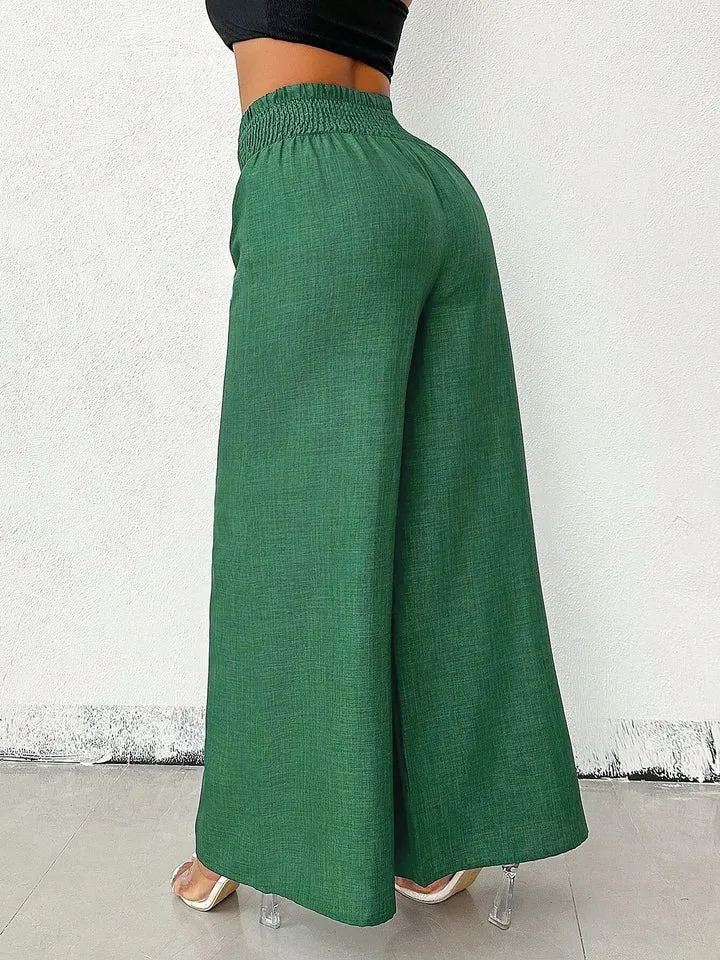 Women's Solid Color High-Waisted Pants, Stretchable Loose-Fitting Wide-Leg Trousers