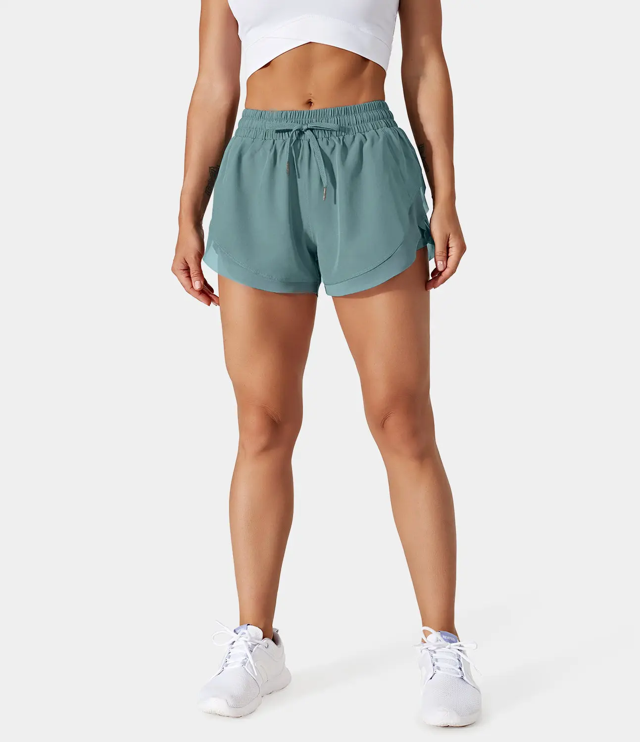 Drawstring Contrast Flowy Mesh Dolphin 2-in-1 Shorts