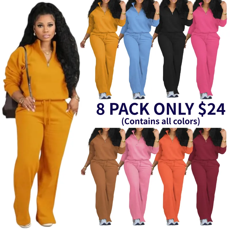 Women's Solid Half Placket Split Hem Pants Set