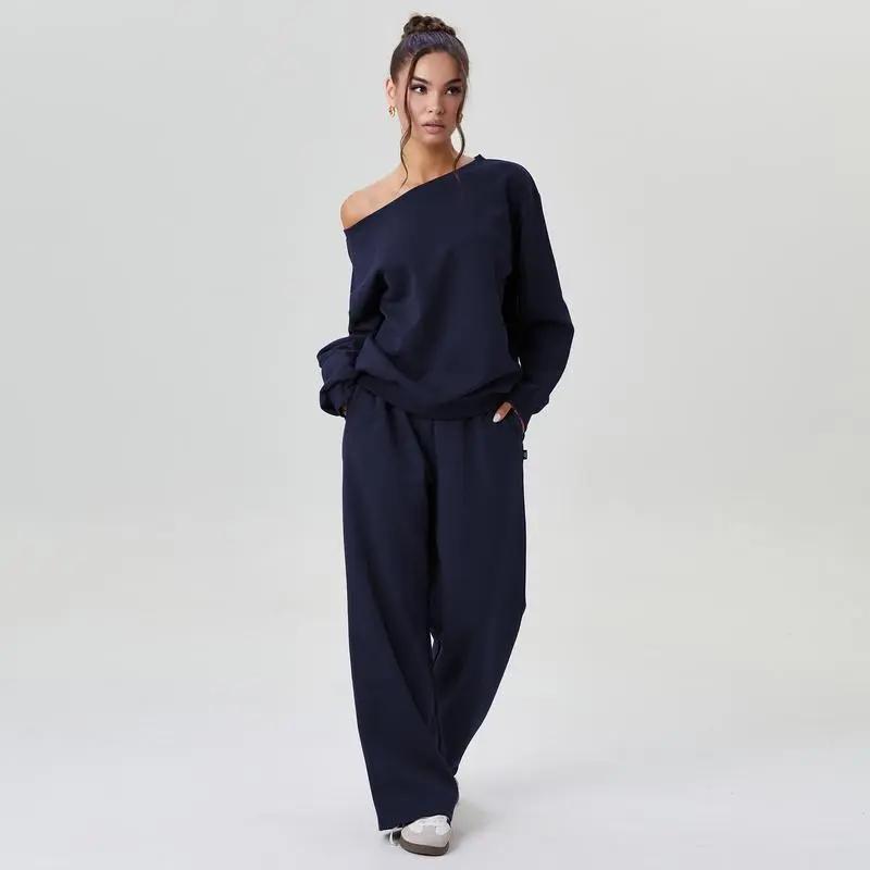 🔥Last Day 89% OFF🔥Women's Leisure Solid Color Sloping Shoulder Long Sleeve Top & Wide Leg Trousers Set