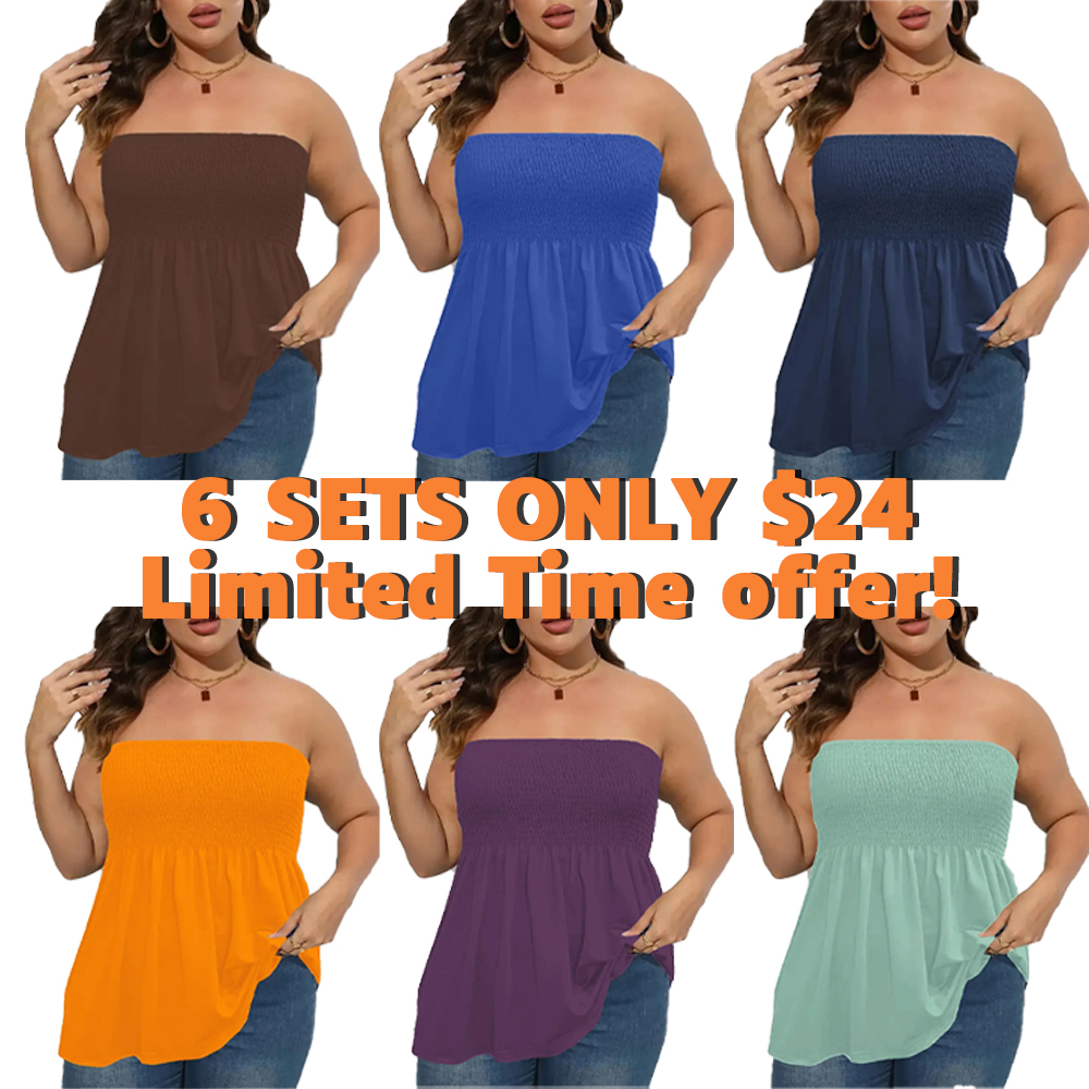 🔥🔥6 PACKS $24|Plus Size Solid Ruffle Hem Shirred Tube Top