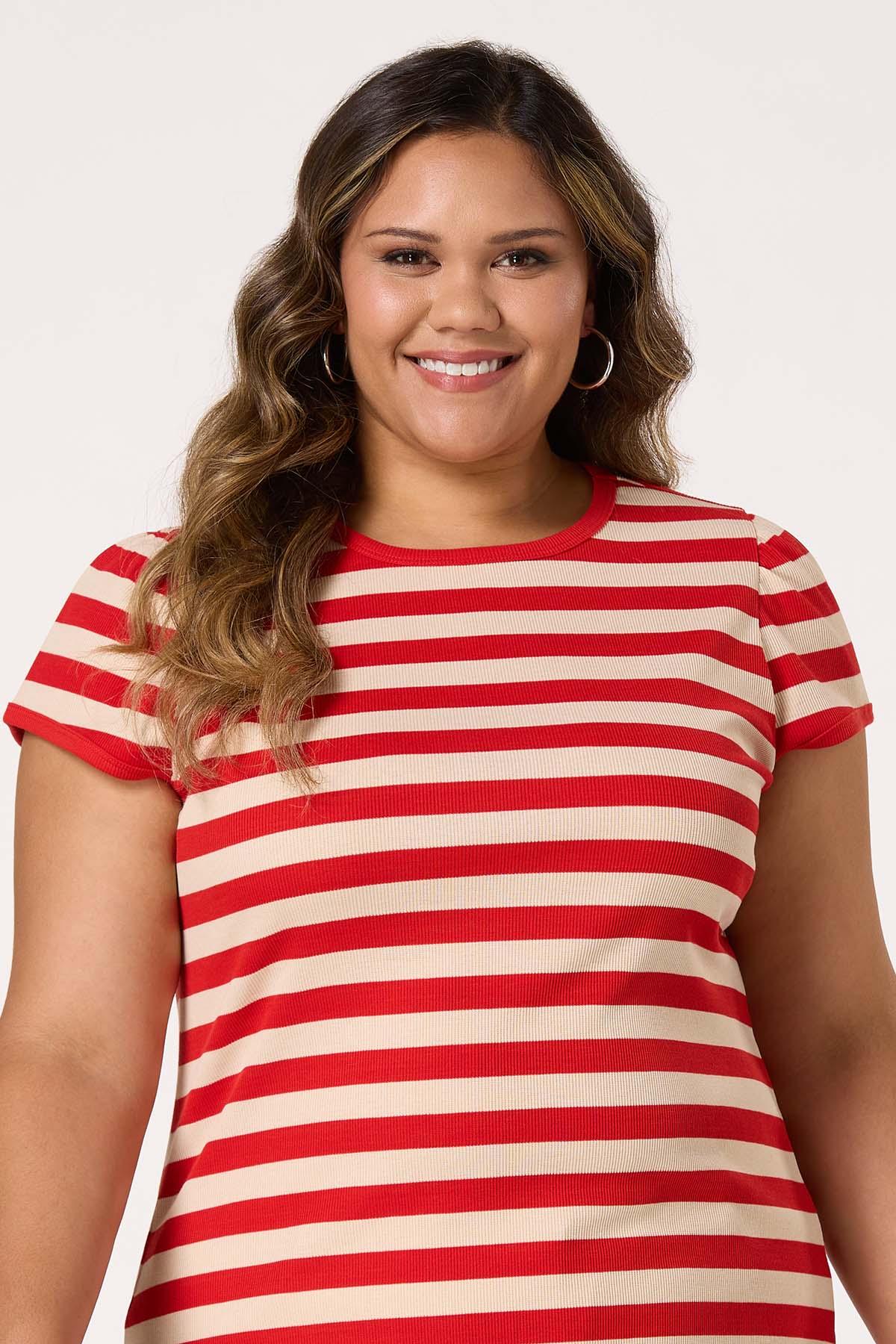 Plus Size Red White Striped Crew Top