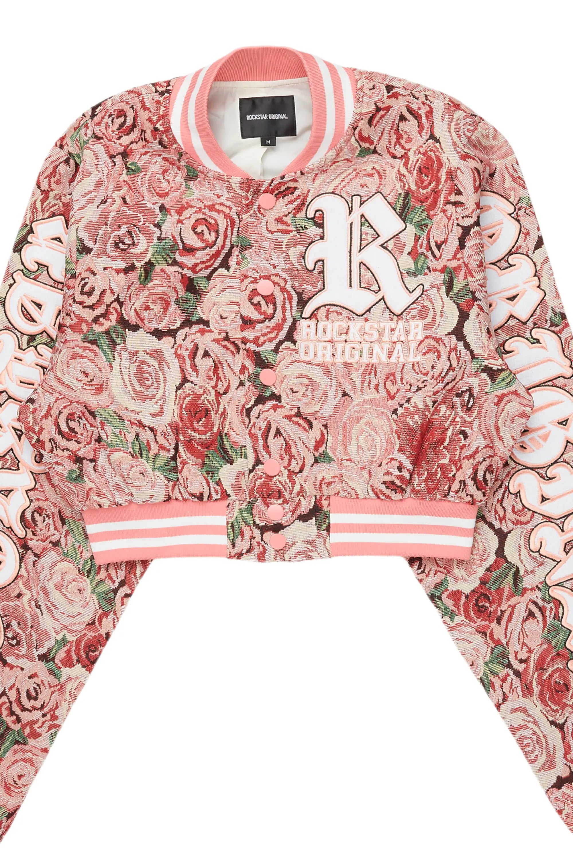 Darresha Pink Crop Tapestry Varsity Jacket